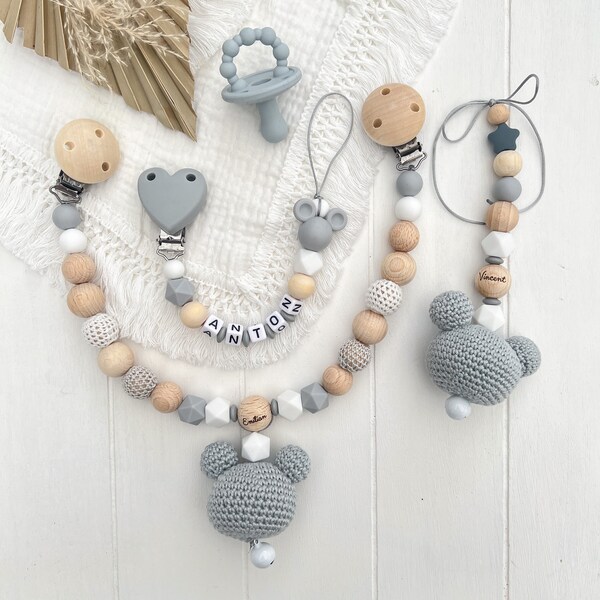 Set Maus Holz Silikon Kinderwagenkette +Schnullerkette mit Name Maxi Cosi Kette , grau Creme  Baby Junge  Geburt Geschenk