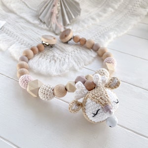 SET beige Creme Kinderwagenkette Schnullerkette Maxi cosi Anhänger Reh Hirsch Rehkids silikon Holz Natur Baby zahn Mädchen Rosa Amigurumi zdjęcie 8