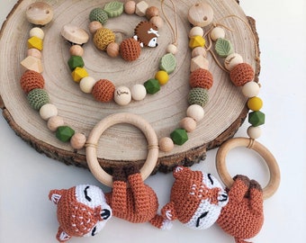 Baby Fuchs  Kinderwagenkette Schnullerkette mit Namen Gravur Maxi Cosi Anhänger Silikon Holz Natur Baby Mädchen Junge Amigurumi Häkel Creme