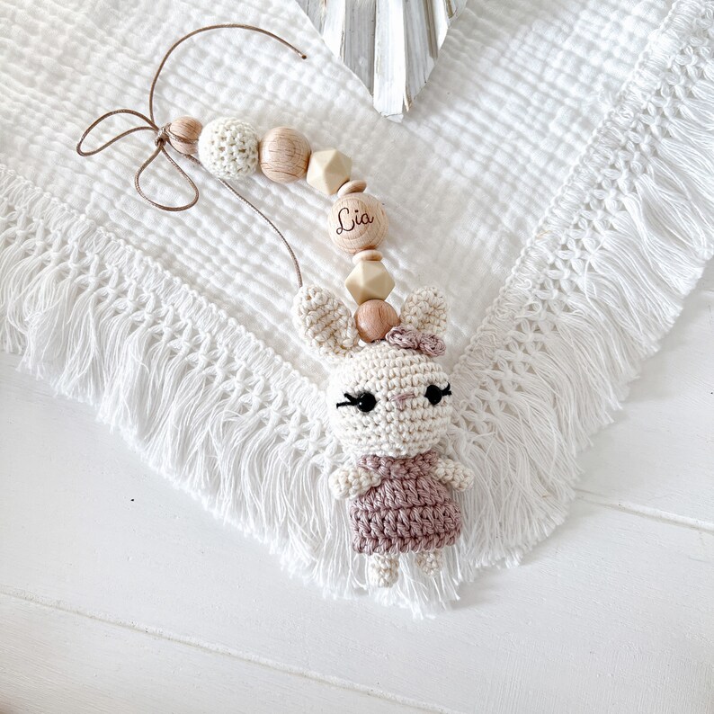 SET beige Creme Kinderwagenkette Schnullerkette Maxi cosi Anhänger Reh Hirsch Rehkids silikon Holz Natur Baby zahn Mädchen Rosa Amigurumi zdjęcie 5