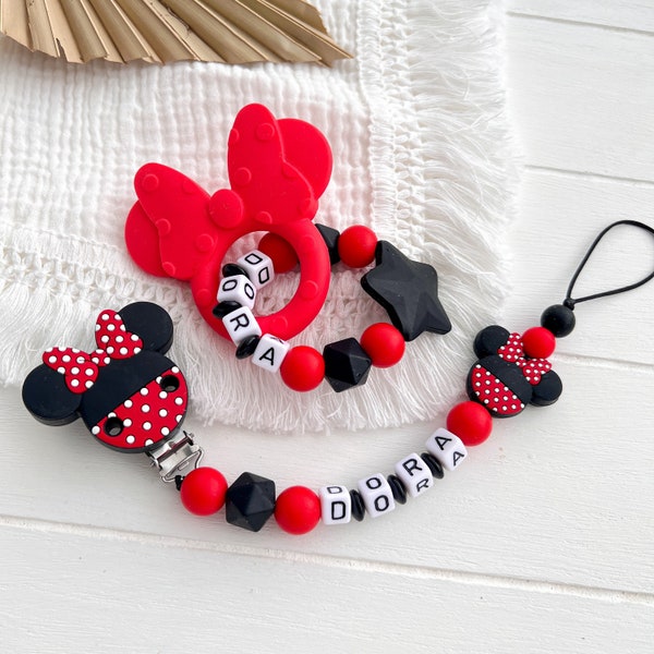 Silikon Set Minnie  Mouse Schnullerkette Namen Greifling Anhänger Maus rot schwarz BabyGeschenk Geburt Mädchen Maus