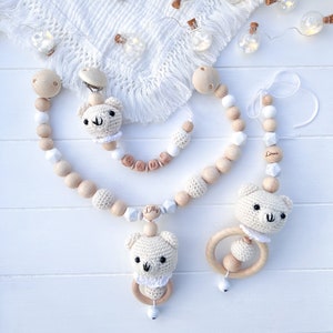 SET Bär Baby Kinderwagenkette Schnullerkette Babyschalen AnhängerBärchen Silikon Holz Natur Baby  Mädchen  Junge Amigurumi