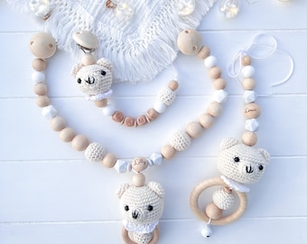 SET Bär Baby Kinderwagenkette Schnullerkette Babyschalen AnhängerBärchen Silikon Holz Natur Baby  Mädchen  Junge Amigurumi