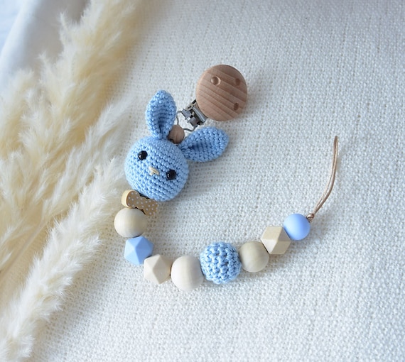 SET Poussette Chaîne Tétine Chaîne Hochet Crochet Lapin Silicone Bois  Nature Bébé Garçon Amigurumi Crochet Animal Bast Blue Cream Naissance -   France