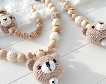 SET oder Einzel | Kinderwagenkette |Schnullerkette | Häkel Bär Mädchen Junge Rassel  Silikon Holz Natur Baby Bärchen Amigurumi Geburt Gravur