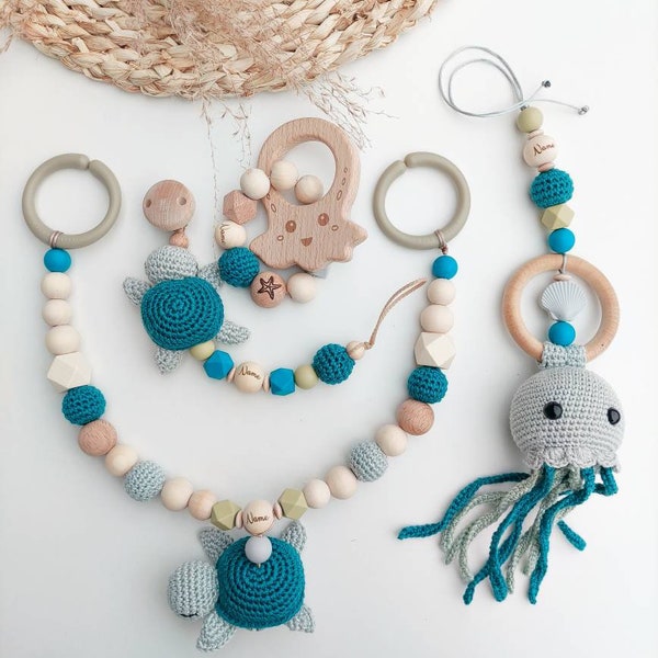 SET petrol grau  Kinderwagenkette Schnullerkette Maxi cosi Anhänger  Schildkröte silikon Holz Natur Baby zahn Mädchen  Junge Amigurumi