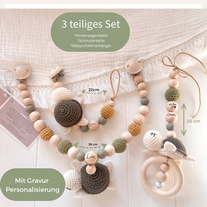 SET Kinderwagenkette Schnullerkette Namen Schildkröte  Holz Natur Baby  Geschenk Maxicosi Mädchen grün Khaki  Amigurumi Häkel