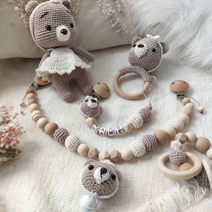 SET stroller chain pacifier chain crochet bear rattle silicone wood natural baby bear girl dress amigurumi crochet animal cream brown birth