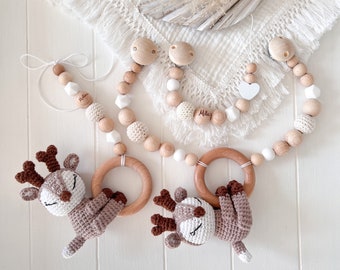 SET beige braun Kinderwagenkette Schnullerkette Maxi cosi Anhänger  Reh Hirsch Rehkids silikon Holz Natur Baby zahn Mädchen  Junge Amigurumi