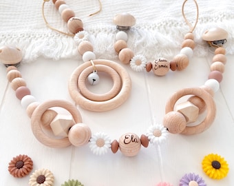 SET Blume  Rose  Kinderwagenkette Schnullerkette mit Name Maxi cosi Anhänger  silikon Holz Natur Baby zahn Mädchen Baby Geschenk Gravur