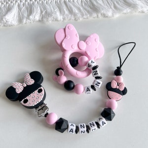 Silikon Set Minnie Mouse Schnullerkette Namen Greifling Anhänger Maus rosa schwarz BabyGeschenk Geburt Mädchen Maus zdjęcie 2