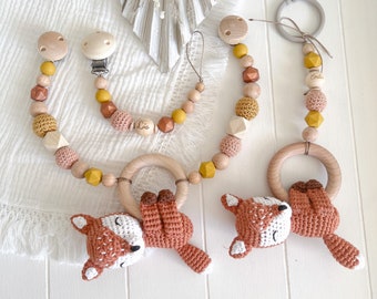 SET Fuchs Kinderwagenkette Schnullerkette mit Namen Gravur Greifling  silikon Holz Natur Baby Mädchen Junge   Amigurumi Häkel Creme