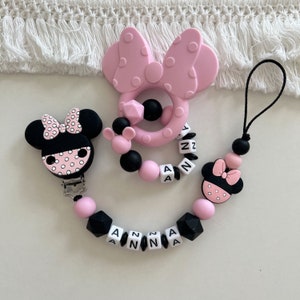Silikon Set Minnie Mouse Schnullerkette Namen Greifling Anhänger Maus rosa schwarz BabyGeschenk Geburt Mädchen Maus zdjęcie 1
