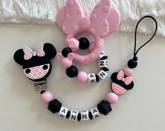 Silikon Set Minnie  Mouse Schnullerkette Namen Greifling Anhänger Maus rosa schwarz BabyGeschenk Geburt Mädchen Maus