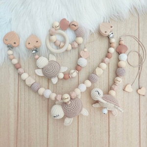 Kinderwagenkette Schnullerkette mit Namen Schildkröte Holz Natur Baby  Geschenk Maxicosi  Mädchen Junge Creme bast Amigurumi Häkel