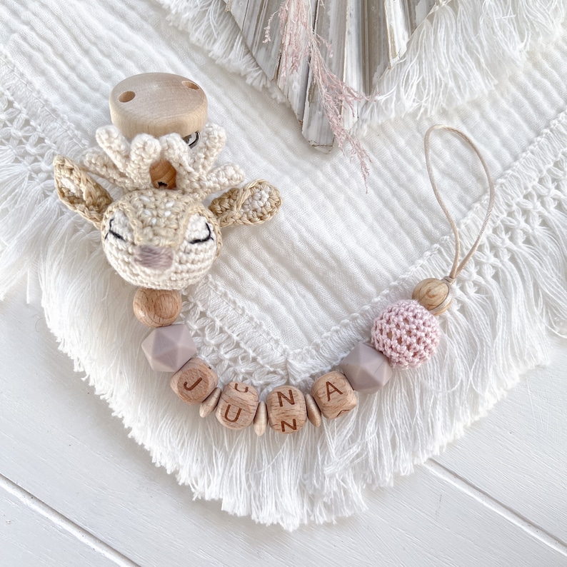 SET beige Creme Kinderwagenkette Schnullerkette Maxi cosi Anhänger Reh Hirsch Rehkids silikon Holz Natur Baby zahn Mädchen Rosa Amigurumi zdjęcie 3