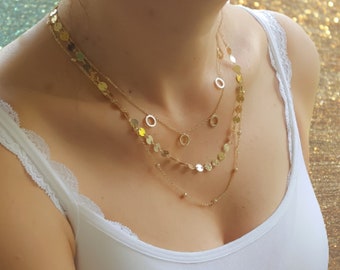 Silber & Gold Halskette Layered Necklace Set,Silber Gold 3 Lagen Halskette für Frauen Layer Halskette Silber Gold Zierliche Mehrreihige Halskette Set