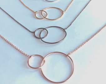 Double Circles Necklace Hoop Necklace Gold  Rose Silver Anthracite Colors  Asymmetric Interlocking Rings Necklace for Women Mothers Necklace