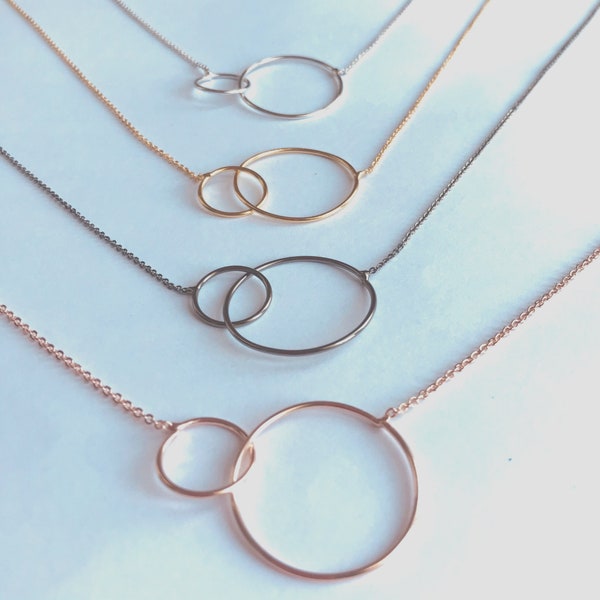 Double Circles Necklace Hoop Necklace Gold  Rose Silver Anthracite Colors  Asymmetric Interlocking Rings Necklace for Women Mothers Necklace
