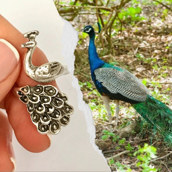 Peacock Ring Sterling Silver For Women Peafowl Ring Bird Ring Adjustable Ring Animal Ring for Women Peacock Statement Ring Boho Peacock Ring