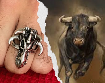 Silver Bull Head Ring Mens Bull Ring Taurus Bull Men Ring Gothic Bikers Ring