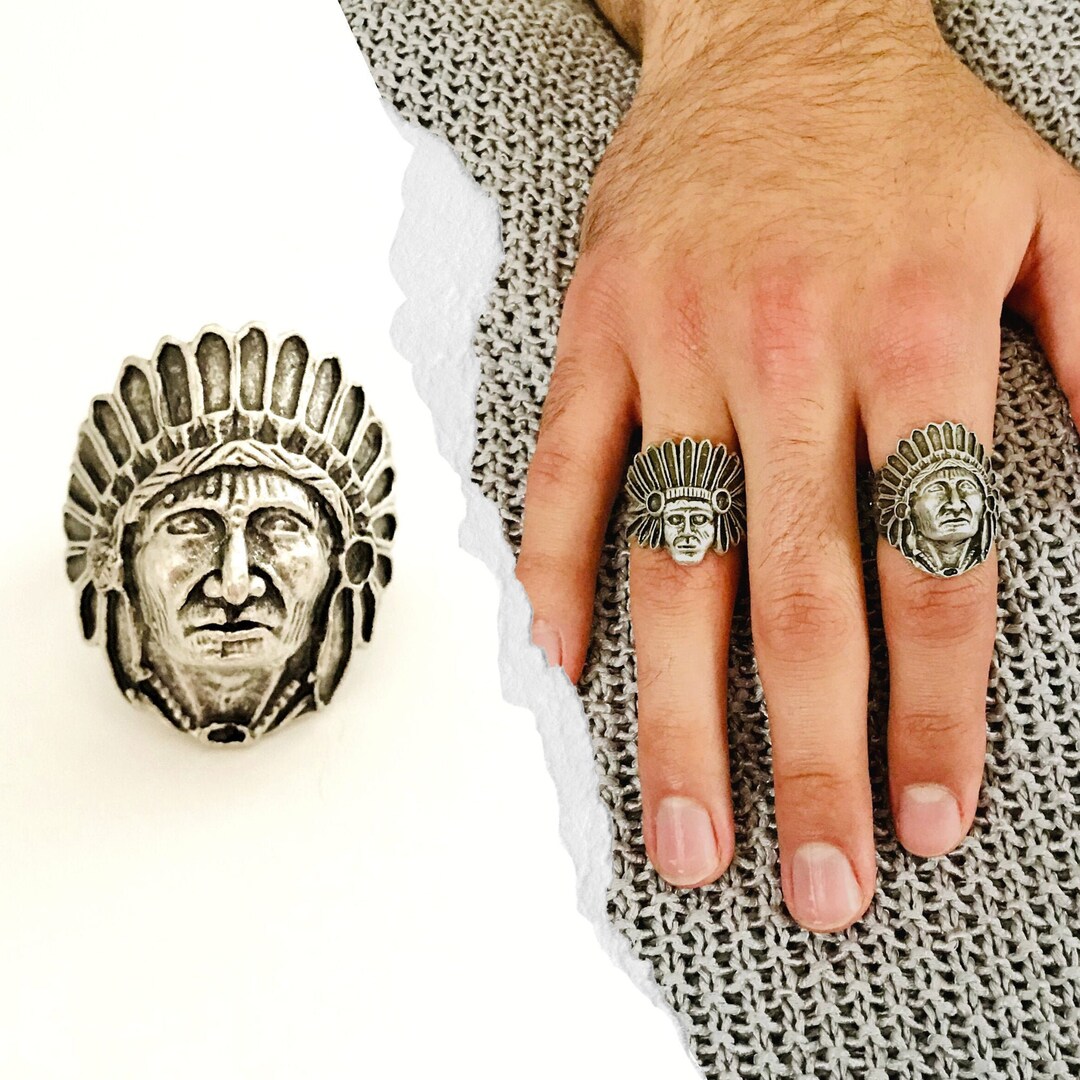 Mens Indian Chief Head Adjustable Silver Ring American Indian Head Ring