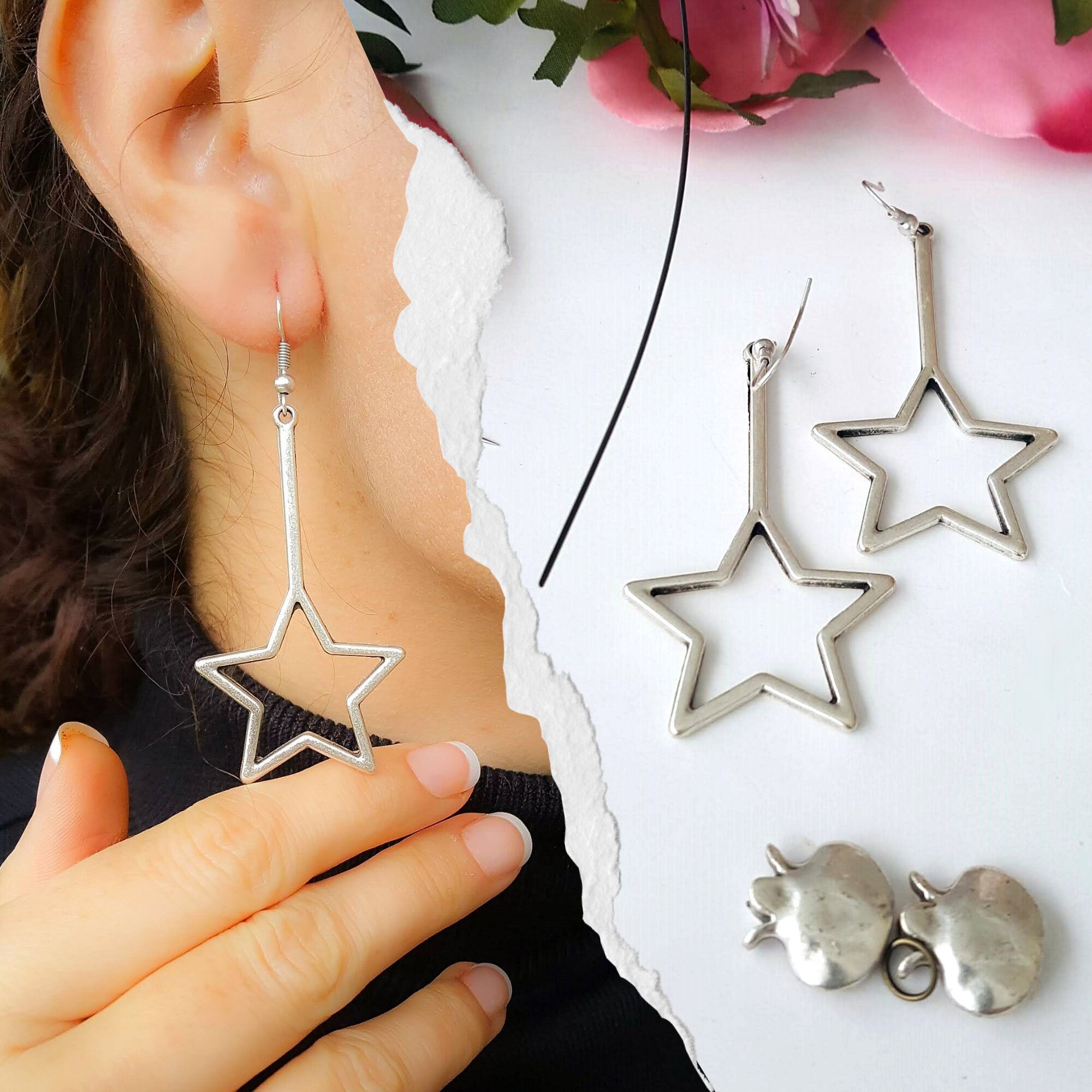 Sterling Silver Big Star Drop Dangle Earrings Open Star Dangle Etsy