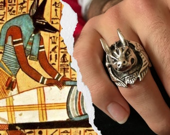 Men's Egyptian God Anubis Silver Large Adjustable Ring Gift for Him Gothic Ring