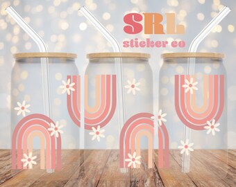Boho Rainbow Glass Can (16 oz) | Iced Coffee Cup with Bamboo Lid