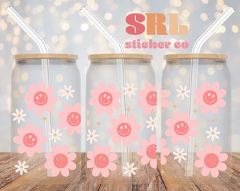 Boho Daisy Glass Can | 16 oz Iced Coffee Cup with Bamboo Lid