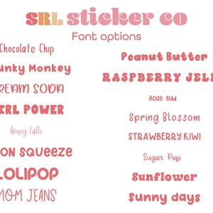 Pode incluir: Um fundo branco exibe o texto "SRL sticker co" em rosa e laranja. Abaixo, v&aacute;rias op&ccedil;&otilde;es de fonte s&atilde;o listadas em rosa, incluindo "Chocolate Chip", "Chunky Monkey", "Girl Power" e "Raspberry Jelly".