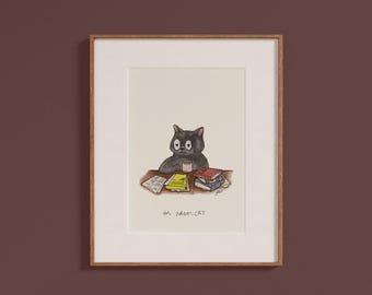 May include: A black cat sitting at a desk with a cup of coffee and a stack of books. The cat is looking at the books. The text below the cat says "an adoo-cat".