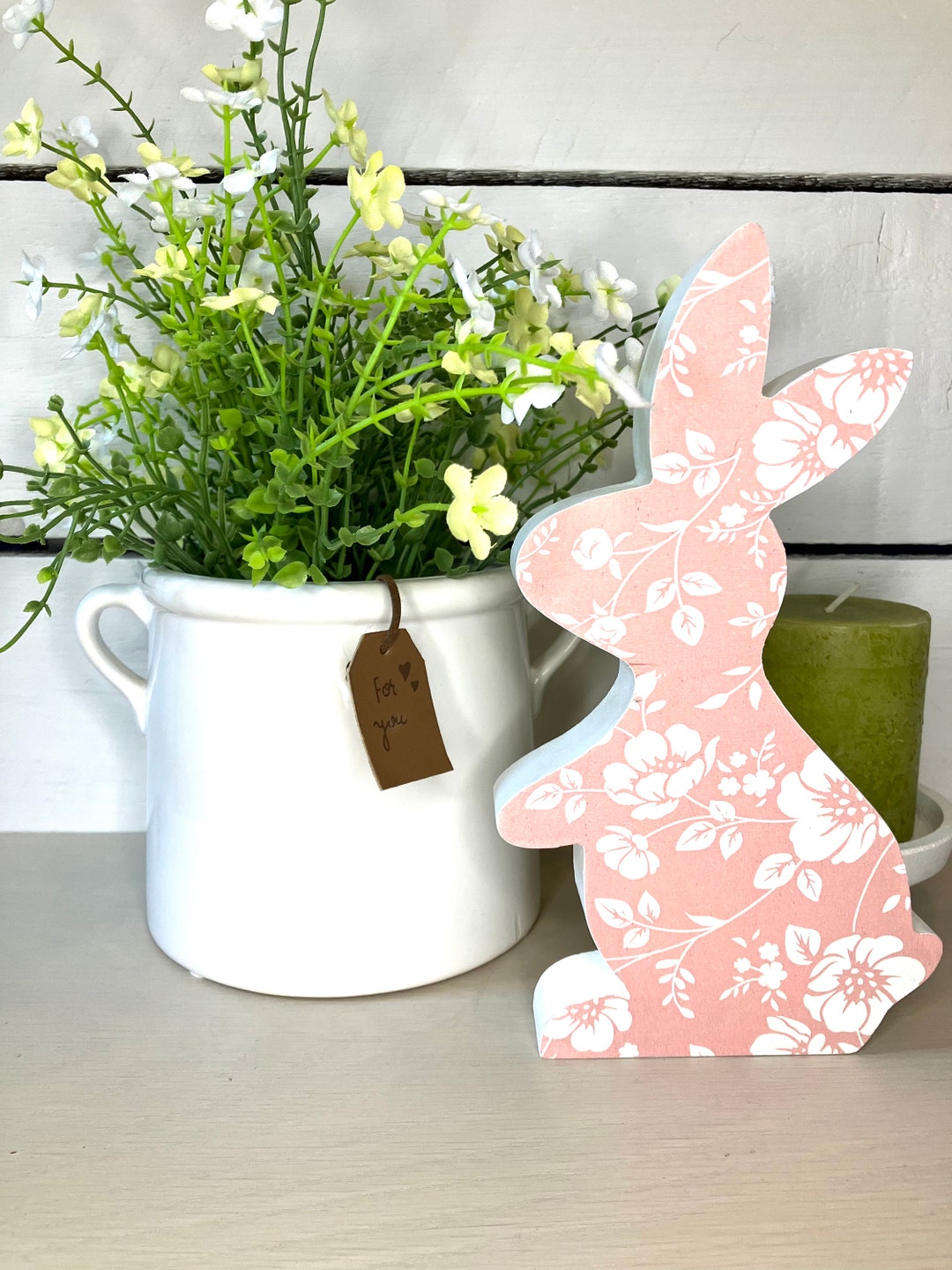 Wooden Bunny Rabbit, Pink and White Floral Design, Free Standing Easter ...