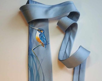 Silk Tie, Necktie, Black Tie, Abstract Tie, Kingfisher, Painting on Silk, Bird Watchers