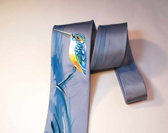 Silk Tie, Necktie, Black Tie, Abstract Tie, Kingfisher, Painting on Silk, Bird Watchers