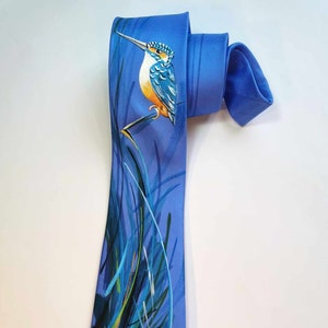 Silk Tie, Necktie, Black Tie, Abstract Tie, Kingfisher, Painting on Silk, Bird Watchers