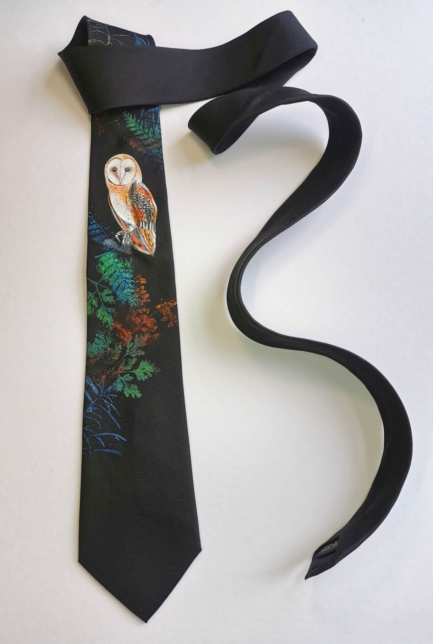 Hand Painted Silk Tie, Owl in Woods, Autumn Leaves, Bird Watcher Gift