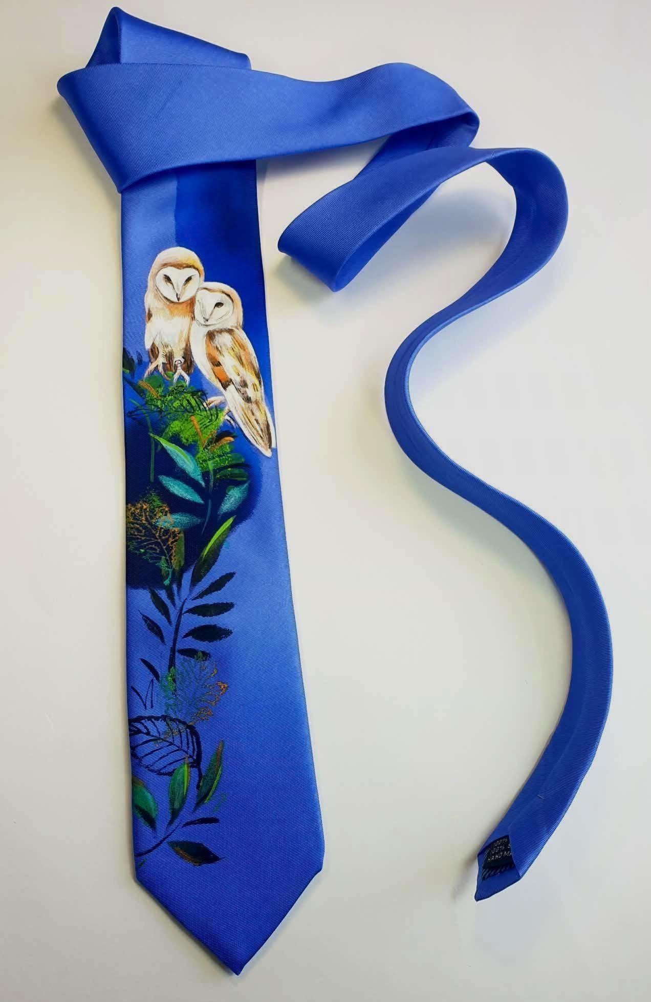 Hand Painted Silk Tie, Two Owls, Abstract Foliage, Bird Watcher Gift