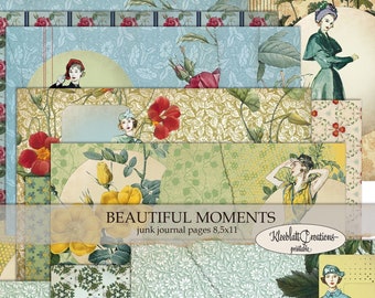 BEAUTIFUL MOMENTS, Junk Journal Seiten, collage Scrapbook Papier, vintage Frauen, Blumen, digitaler download zum ausdrucken 8,5x11