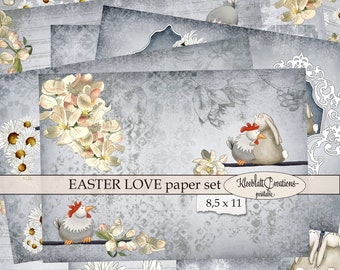 EASTER LOVE Paper Set, Bunny & Chicken Printable Pages, Easter Digital Sheets, Scrapbook Paper, Junk Journal, Spring Bullet Journal / 8,5x11