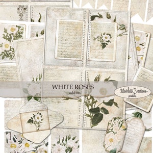 Könnte beinhalten: Ein digitaler druckbarer Satz mit weißen Rosen, handschriftlichem Text und floralen Designs. Das Set enthält eine Vielzahl von Elementen, wie z. B. Umschläge, Etiketten und Banner. Der Text auf dem Bild lautet "White Roses add on Kleeblatt Creations - printable".