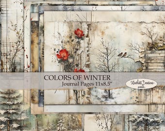 May include: A set of 11 x 8.5 inch digital journal pages featuring a winter theme with images of trees, snow, birds, and red flowers. The text "Colors of Winter" is displayed on the page.