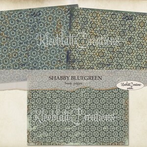 May include: A digital paper pack with a blue-green background and a white geometric pattern. The text "Shabby Bluegreen" and "Basic Pages" is visible on the image.