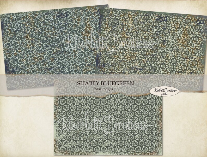 May include: A digital paper pack with a blue-green background and a white geometric pattern. The text "Shabby Bluegreen" and "Basic Pages" is visible on the image.