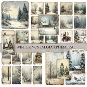 Winter NOSTALGIA EPHEMERA, coisas efêmeras para impressão, suprimentos para diários, enfeites, cartões de registro no diário, diário indesejado, papel digital, artesanato em papel
