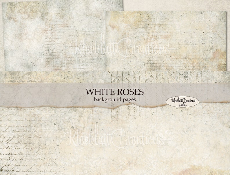 Peut inclure: Un ensemble de quatre papiers num&eacute;riques de fond avec un aspect vieilli et vintage, orn&eacute;s de roses blanches et du texte "WHITE ROSES background pages".