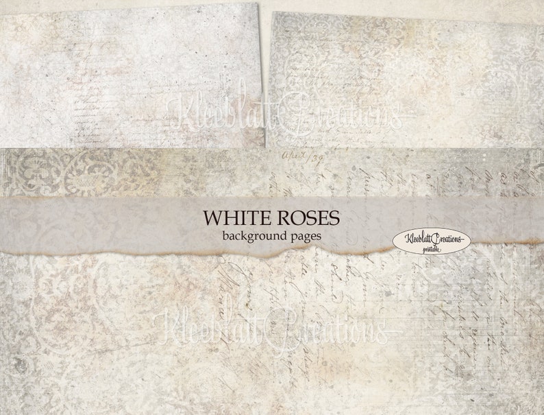 Peut inclure: Quatre papiers num&eacute;riques de fond avec un aspect blanc, vieilli et vintage, avec une &eacute;criture fan&eacute;e et un motif floral d&eacute;licat. Le texte "WHITE ROSES background pages" est centr&eacute; sur l'image.
