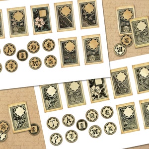 May include: A set of printable vintage style labels with a floral design and a blank space for text. The labels are surrounded by a set of alphabet letter circles.