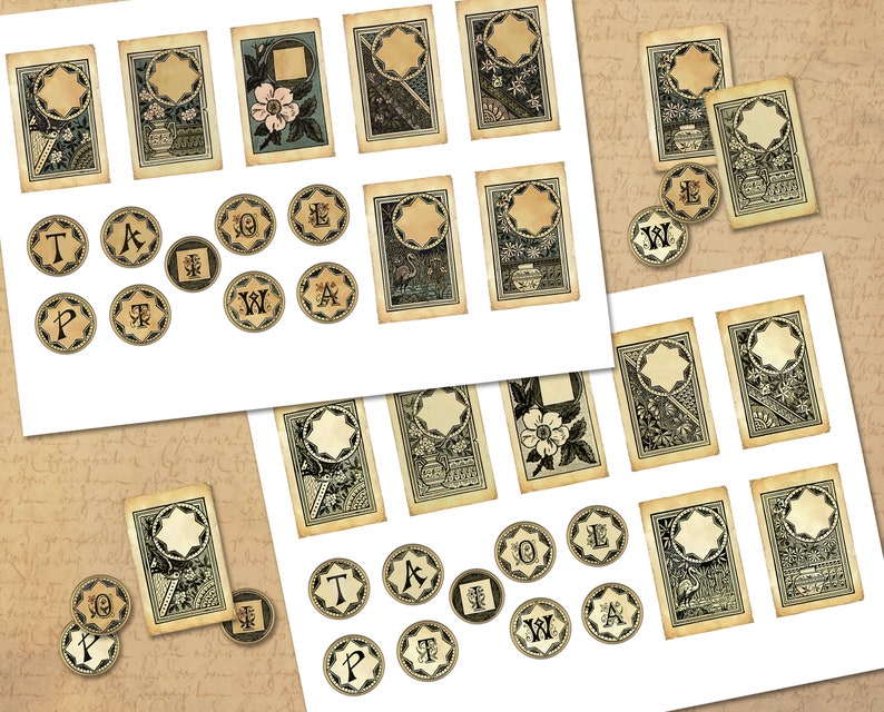 May include: A set of printable vintage style labels with a floral design and a blank space for text. The labels are surrounded by a set of alphabet letter circles.