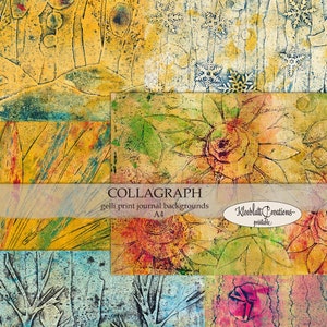Könnte beinhalten: Eine Collage aus sechs abstrakten Kunstdrucken in Gelb, Blau, Grün, Rot und Braun. Die Drucke sind mit "Collagraph Gelli Print Journal Backgrounds A4" und "Kleeblatt Creations Printable" betitelt.